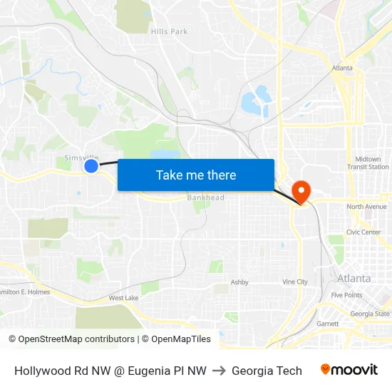 Hollywood Rd NW @ Eugenia Pl NW to Georgia Tech map