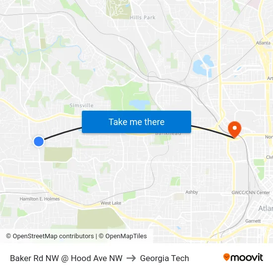 Baker Rd NW @ Hood Ave NW to Georgia Tech map
