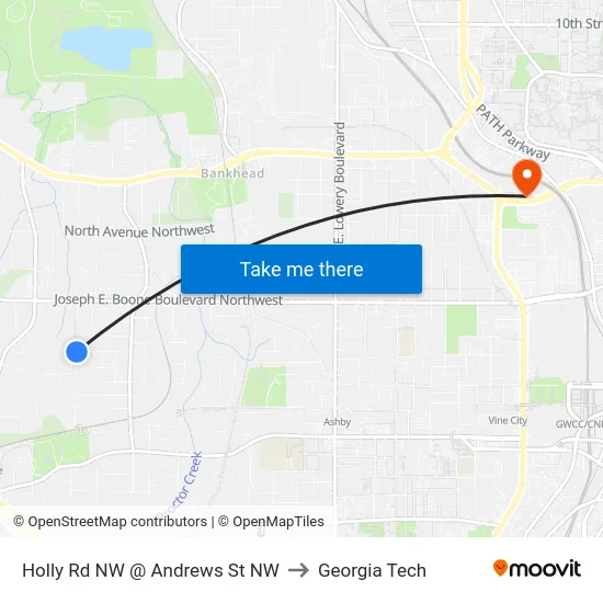 Holly Rd NW @ Andrews St NW to Georgia Tech map