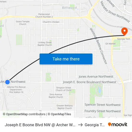 Joseph E Boone Blvd NW @ Archer Way NW to Georgia Tech map