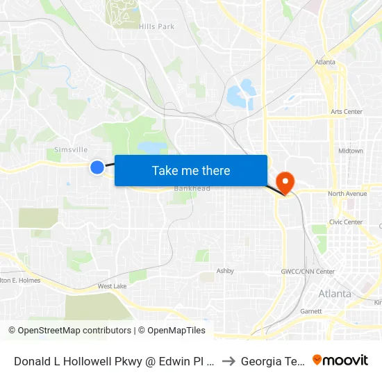 Donald L Hollowell Pkwy @ Edwin Pl NW to Georgia Tech map