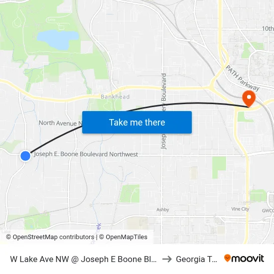W Lake Ave NW @ Joseph E Boone Blvd NW to Georgia Tech map