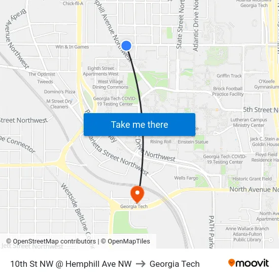10th St NW @ Hemphill Ave NW to Georgia Tech map