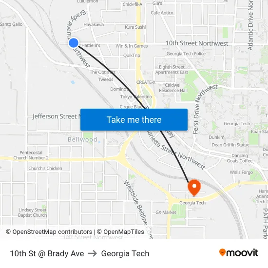 10th St @ Brady Ave to Georgia Tech map