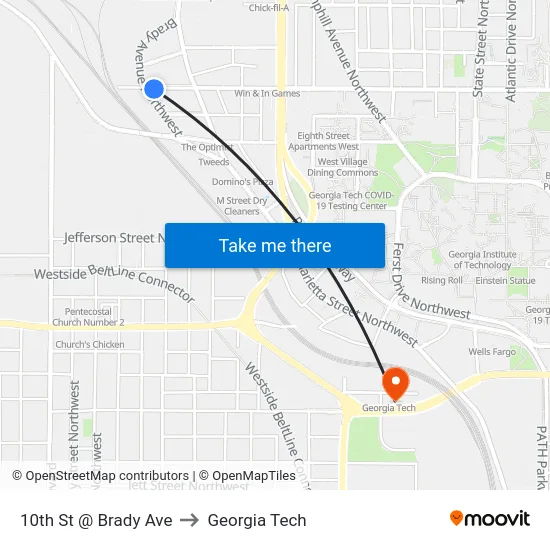 10th St @ Brady Ave to Georgia Tech map