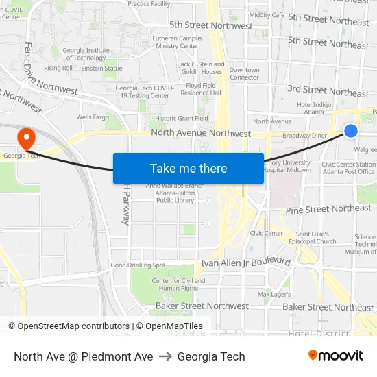 North Ave @ Piedmont Ave to Georgia Tech map