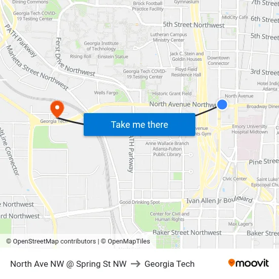 North Ave NW @ Spring St NW to Georgia Tech map