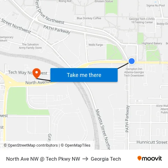 North Ave NW @ Tech Pkwy NW to Georgia Tech map