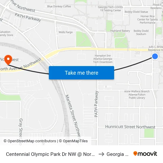 Centennial Olympic Park Dr NW @ North Ave NW to Georgia Tech map
