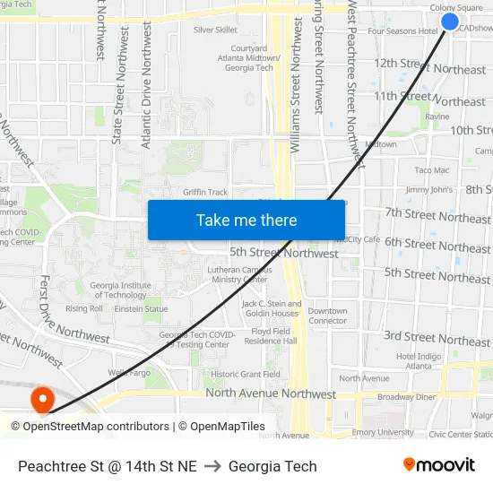 Peachtree St @ 14th St NE to Georgia Tech map
