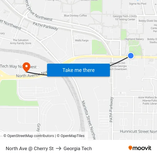 North Ave @ Cherry St to Georgia Tech map