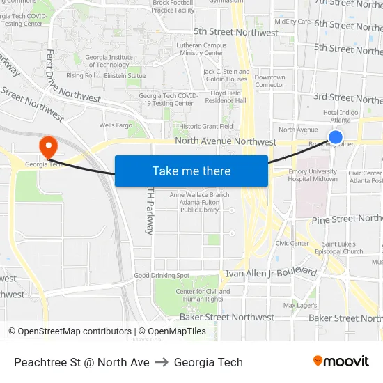 Peachtree St @ North Ave to Georgia Tech map