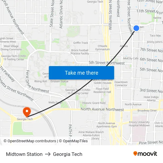 Midtown Station to Georgia Tech map