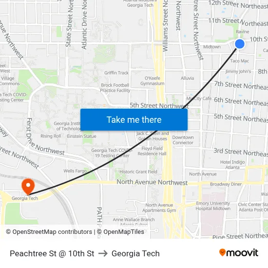 Peachtree St @ 10th St to Georgia Tech map