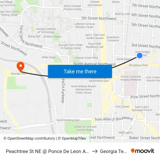 Peachtree St NE @ Ponce De Leon Ave to Georgia Tech map