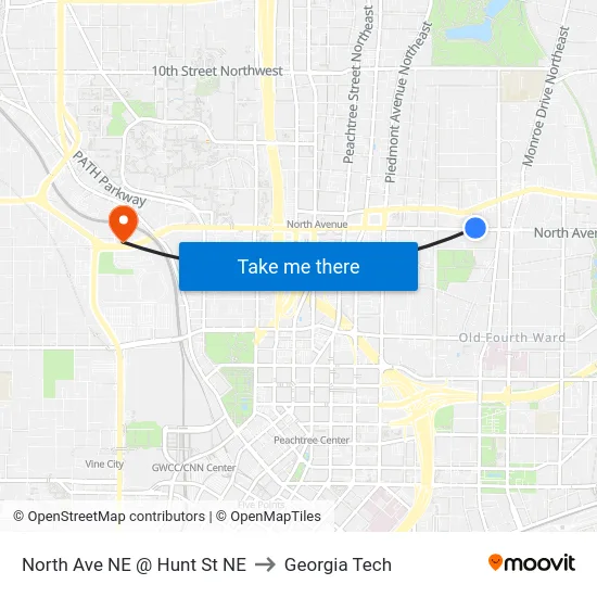 North Ave NE @ Hunt St NE to Georgia Tech map