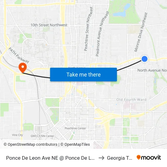 Ponce De Leon Ave NE @ Ponce De Leon Ct to Georgia Tech map