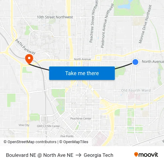 Boulevard NE @ North Ave NE to Georgia Tech map