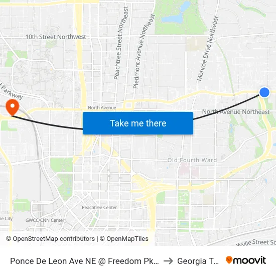 Ponce De Leon Ave NE @ Freedom Pkwy NE to Georgia Tech map