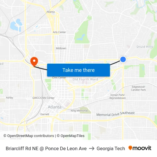Briarcliff Rd NE @ Ponce De Leon Ave to Georgia Tech map