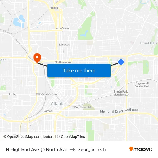 N Highland Ave @ North Ave to Georgia Tech map