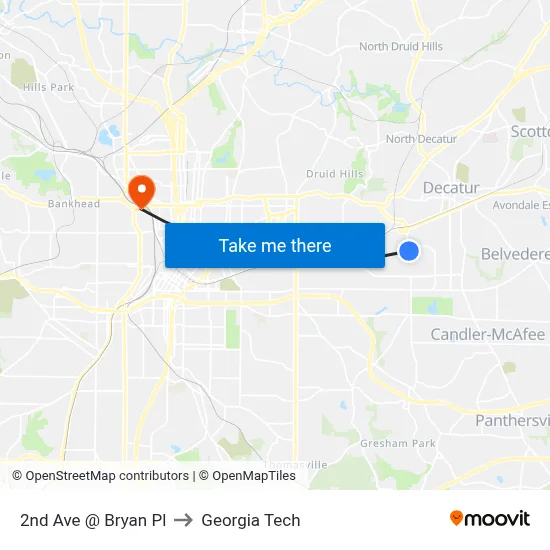 2nd Ave @ Bryan Pl to Georgia Tech map