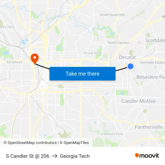 S Candler St @ 206 to Georgia Tech map