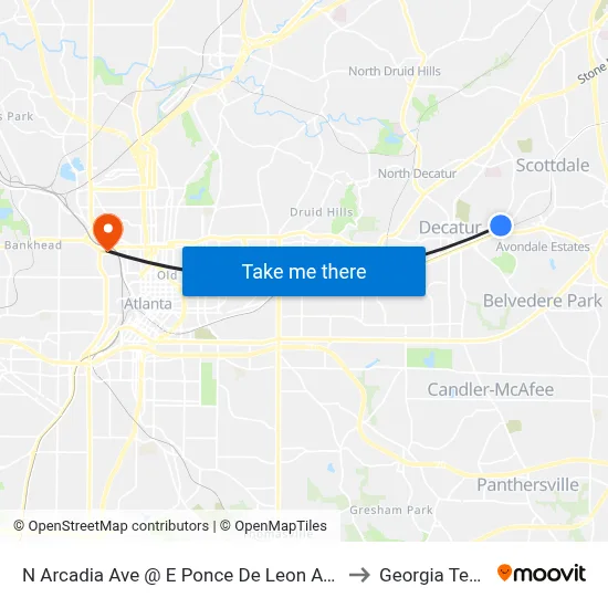 N Arcadia Ave @ E Ponce De Leon Ave to Georgia Tech map