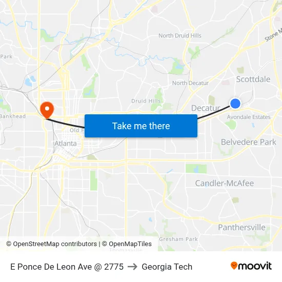 E Ponce De Leon Ave @ 2775 to Georgia Tech map