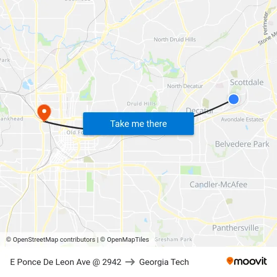 E Ponce De Leon Ave @ 2942 to Georgia Tech map