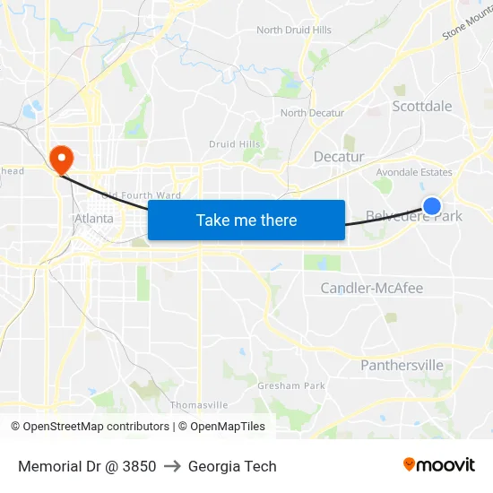 Memorial Dr @ 3850 to Georgia Tech map