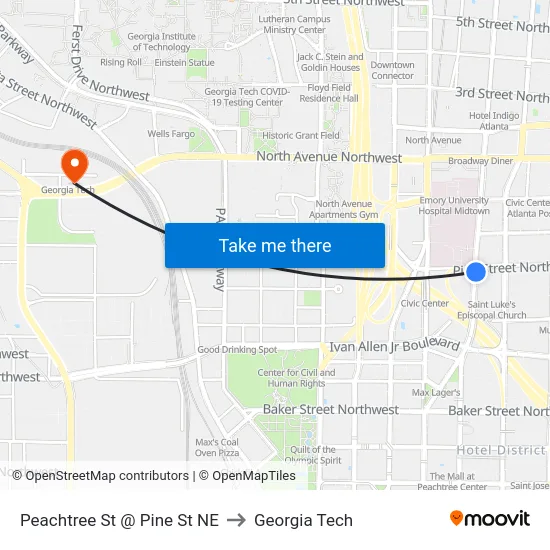 Peachtree St @ Pine St NE to Georgia Tech map