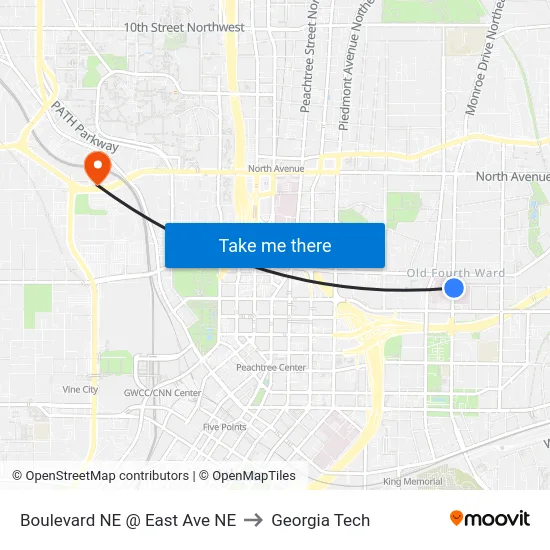 Boulevard NE @ East Ave NE to Georgia Tech map