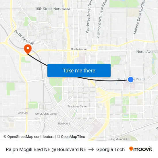 Ralph Mcgill Blvd NE @ Boulevard NE to Georgia Tech map