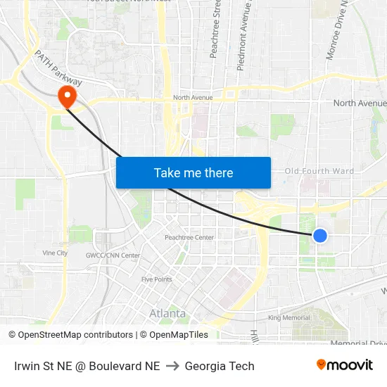 Irwin St NE @ Boulevard NE to Georgia Tech map