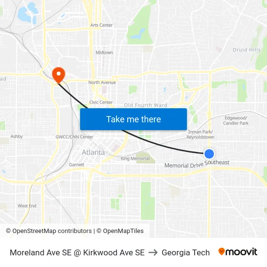 Moreland Ave SE @ Kirkwood Ave SE to Georgia Tech map