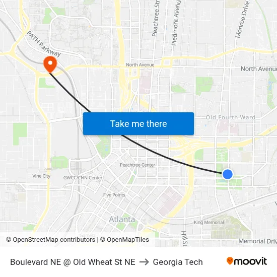 Boulevard NE @ Old Wheat St NE to Georgia Tech map