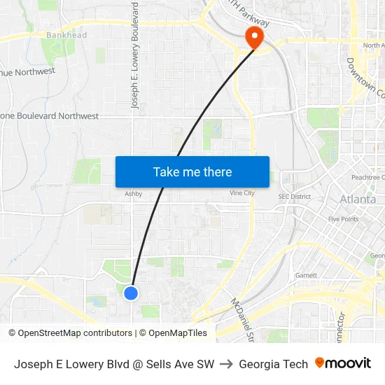 Joseph E Lowery Blvd @ Sells Ave SW to Georgia Tech map