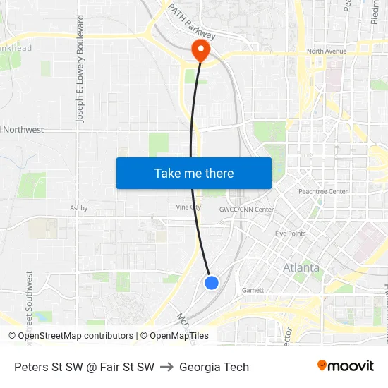 Peters St SW @ Fair St SW to Georgia Tech map