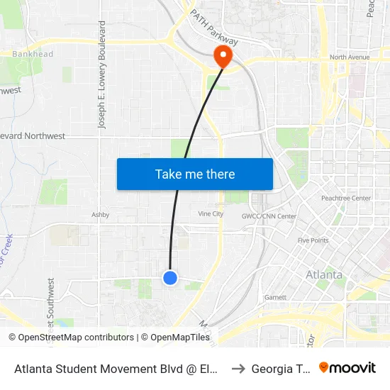 Atlanta Student Movement Blvd @ Elm St SW to Georgia Tech map