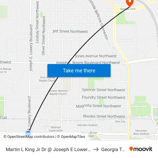 Martin L King Jr Dr @ Joseph E Lowery Blvd to Georgia Tech map