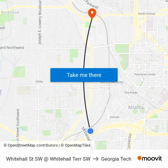 Whitehall St SW @ Whitehall Terr SW to Georgia Tech map