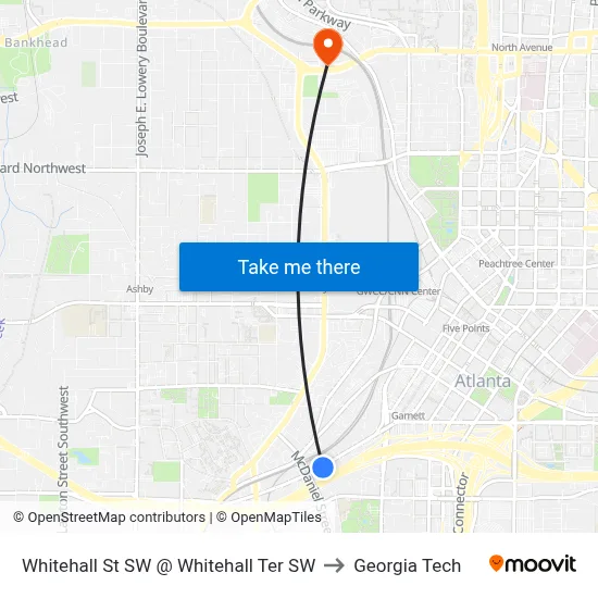 Whitehall St SW @ Whitehall Ter SW to Georgia Tech map