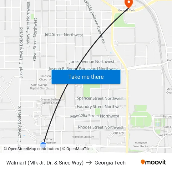 Walmart (Mlk Jr. Dr. & Sncc Way) to Georgia Tech map