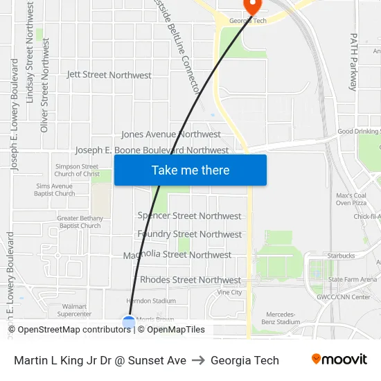 Martin L King Jr Dr @ Sunset Ave to Georgia Tech map