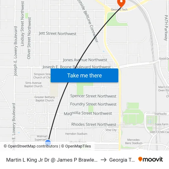 Martin L King Jr Dr @ James P Brawley Dr SW to Georgia Tech map