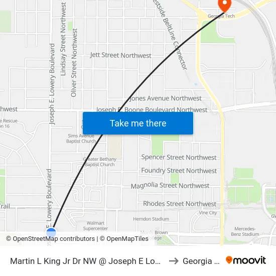 Martin L King Jr Dr NW @ Joseph E Lowery Blvd NW to Georgia Tech map