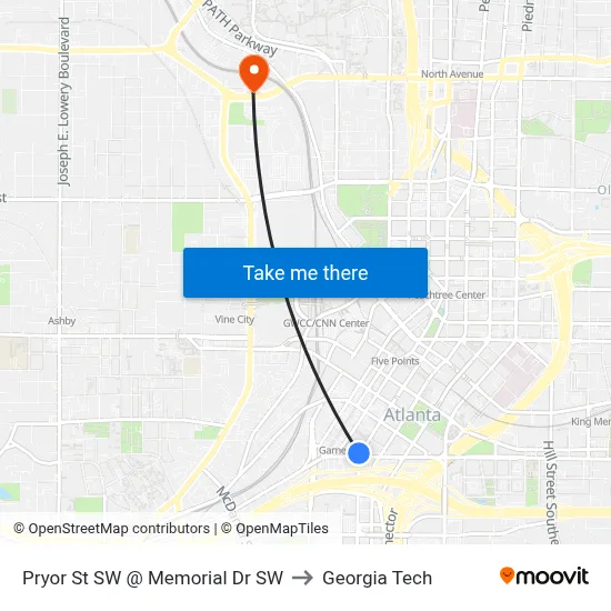 Pryor St SW @ Memorial Dr SW to Georgia Tech map