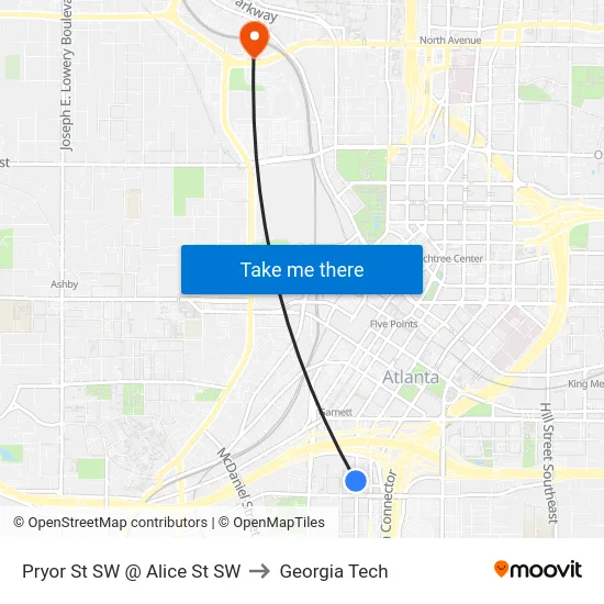 Pryor St SW @ Alice St SW to Georgia Tech map