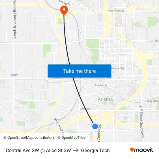 Central Ave SW @ Alice St SW to Georgia Tech map